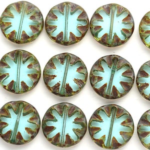 18mm Picasso Aqua Blue Round flat beads, Coin shape czech glass rustic beads 4Pc 0043 image 2