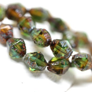 8x6mm Green Brown bicone czech glass beads Picasso 6mm bicone beads Fire polished Brown Green bicones 15Pc - 0447