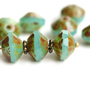 7x11mm Rivoli beads, Opal Jade Green Saucer czech glass beads, Picasso finish, faceted, fire polished - 4Pc - 1866