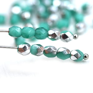 4mm Turquoise Green Czech Glass Beads: Silver Coated Faceted Round Spacers - 50Pc