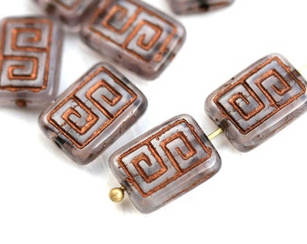 8pc Opal Amethyst Rectangle czech beads, Copper inlays, Greek Key, Carved glass beads - 12x9mm - 1260