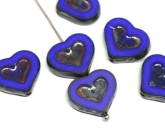 Dark Blue Heart beads Picasso czech glass beads Fire polished Blue glass hearts  - 14mm - 6Pc - 0987