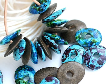 Blue Green Ceramic Rondelle Beads: Cornflake Donut Beads, 16mm (12pc)