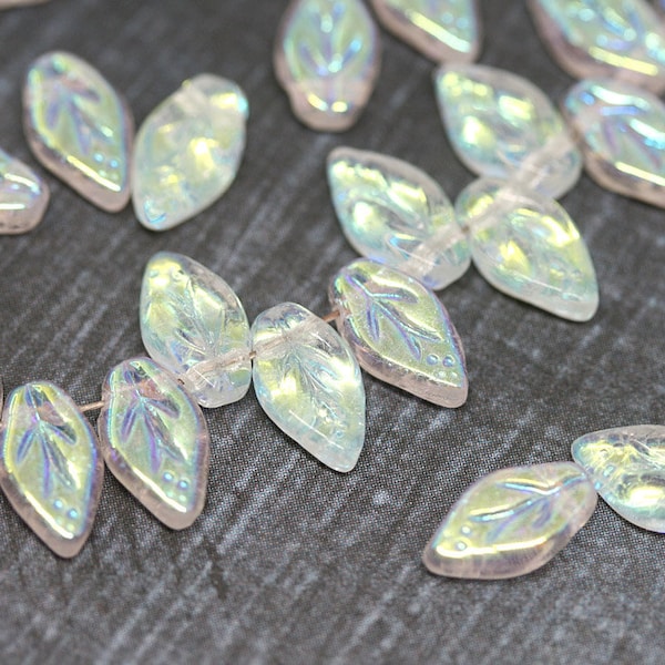 AB finish leaf beads Crystal clear Czech glass pressed leaves with luster 10x6mm top drilled glass beads 40Pc - 1959