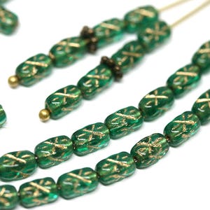 Green Gold czech glass rice beads Golden stars ornament 6x4mm small oval beads Teal Green barrel beads - 50pc - 1453