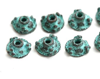 8mm Bead caps Green patina Copper bead caps greek metal casting Lead Free patina findings for jewelry making, 8Pc - F576