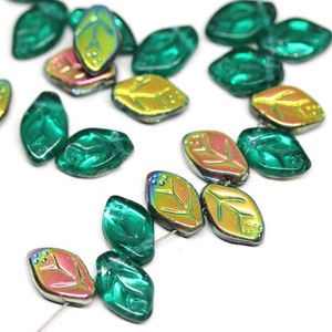 12x7mm Teal green leaves, Vitrail Czech glass beads, top drilled leaf beads - 25Pc - 1024