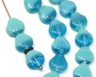 Blue glass shell beads Mixed Sea Blue czech beads 9mm center drilled shell beads 20pc - 1716