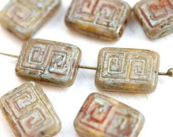 8pc Picasso Opal Beige Rectangle czech beads, Greek Key Ornament, Carved Aged rustic glass beads - 12x9mm - 1972