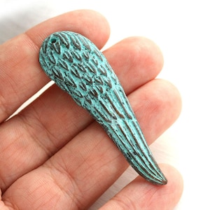 Angel Wing pendant bead Green patina Feather charm Copper jewelry charm Long Wing, Lead Free - 1pc - F604