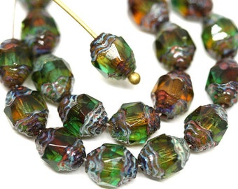 8x6mm Green Brown cathedral beads Picasso czech glass barrel beads Fire polished 15Pc - 1304