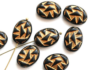 8pc Large oval Black and Golden thick beads, Czech pressed beads, 17x13mm, Geometrical pattern Black and Gold wash - 2514