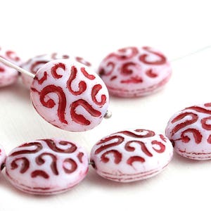 Czech Glass Oval Beads: White with Red Ornament (8pc, 17mm)