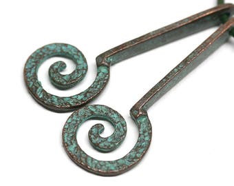 Green Patina Spiral charms Copper long hammered charms Greek metal casting textile beads 55mm - 2Pc - 1644