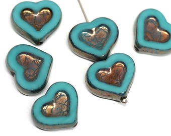 Turquoise green Heart beads Metallic luster czech glass beads Fire polished Turquoise glass hearts - 14mm - 6Pc - 1378