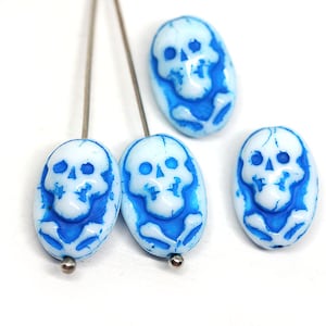 Czech Glass Skull Beads: Blue & White Halloween Jewelry (4pc)