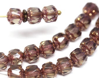 Smokey Topaz czech glass beads 6mm cathedral round fire polished beads Golden ends Brown Pink beads 20Pc - 0017