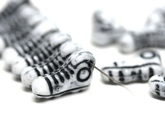 Black and white shoe charm Czech glass beads Sneakers Sport Street wear top drilled, 15Pc - 1452