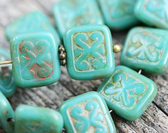 8pc Rustic Turquoise Green czech glass beads, Picasso finish 12mm Rectangle Swirl Carved Aged czech beads - 1938