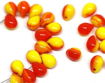 5x7mm Red Yellow czech glass drops Mixed color teardrop beads for jewelry making - 30pc - 2293