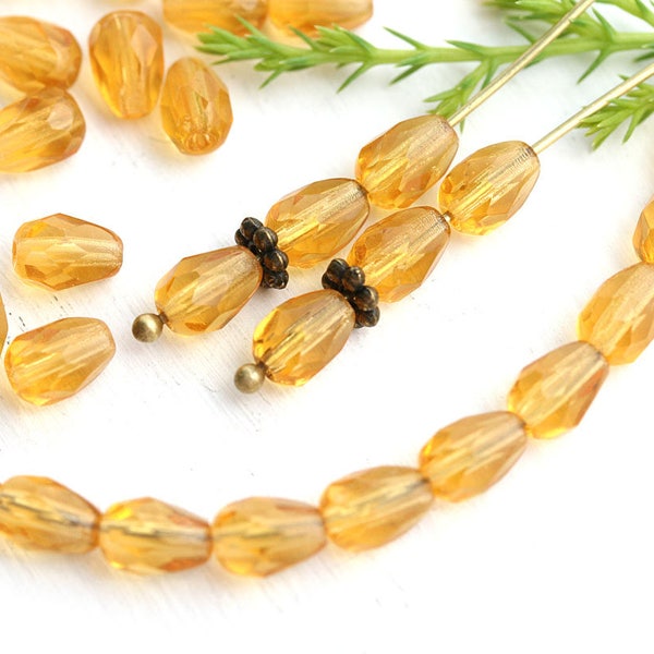 7x5mm Yellow teardrop beads, light topaz czech glass pear beads, fire polished, 40pc - 0602