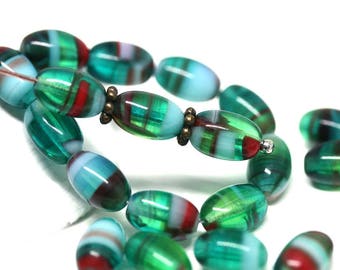 Teal Green glass barrel beads 9x6mm Czech glass oval beads 30pc - 0622