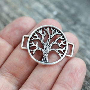 1pc Antique Silver Tree of Life Connector, Connecteur de bracelet en métal circulaire pour ruban en cuir plat, moulage en métal grec - F540