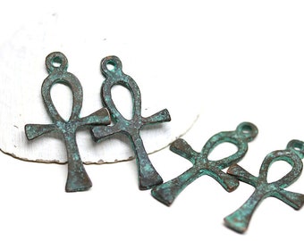 Ankh Charms: Green Patina Copper Egyptian Cross Pendants (4pc)