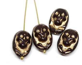 Brown Glass Skull beads Golden Halloween decor Brown Gold Skull Halloween jewelry Skeleton Dark Brown Czech glass beads - 4Pc - 0560