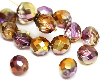 10mm Gold Purple round beads Golden coated czech glass beads Gold Pink fire polished ball beads - 10pc - 2146