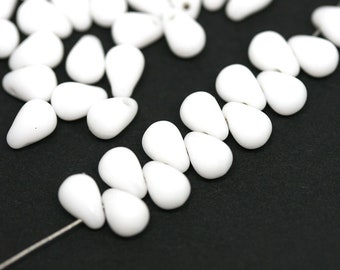 Opaque White small drops Czech glass teardrops Tiny drop pressed beads 4x6mm - 50Pc - 1632