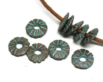 8mm Green Patina rondelle beads Round copper rondel spacers Greek metal casting 2mm hole Lead Free - 10pc - F169