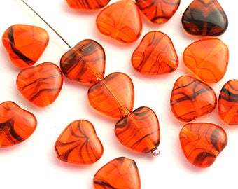 10mm Orange Heart beads Orange Black czech glass pressed beads 20Pc - 0603