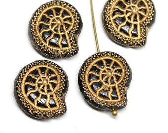 4pc Black gold Czech glass Snail beads, Nautilus Fossil spiral ornament beads, Gold wash - 2657