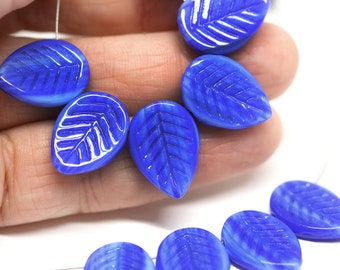 Dark Blue Side drilled leaf beads Mixed blue glass leaves czech glass pressed beads 12x16mm - 10pc - 2498