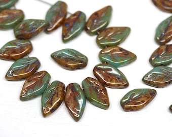 Turquoise and Brown leaf bead Picasso czech glass small pressed leaves Brown green 10x6mm top drilled glass beads 40Pc - 0076
