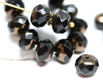 12Pc 1809 Black rondelle bead Black czech glass beads Dark Gold luster 6x8mm gemstone cut fire polished rondels