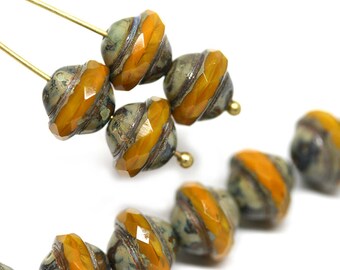 20 Golden Yellow Variegated Opal Swirl Saturn Lantern Czech Glass Beads 10mm