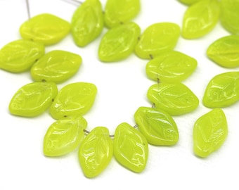 Lime green leaf beads 12x7mm bright green Czech glass pressed leaves 30Pc - 3664