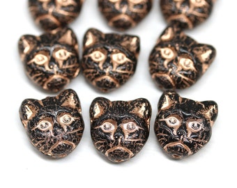 10pc Black cat beads, copper wash czech glass feline kitty beads, hole top to bottom - 1883