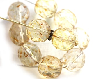 10mm Light yellow Czech glass beads, Picasso fire polished beads, Light topaz faceted ball beads - 10pc - 0490