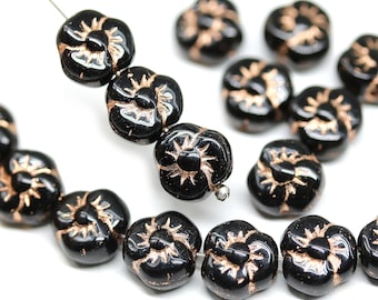 Cuentas florales de margaritas de cristal checo de 9 mm con efecto de flor abullonada negra, lavado con cobre, 20 unidades - 2743