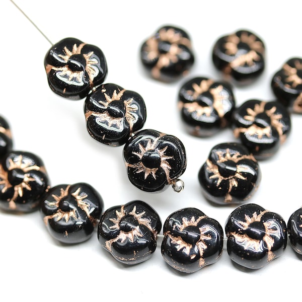 Black puffy flower 9mm czech glass flower copper wash daisy floral bead, 20Pc - 2743