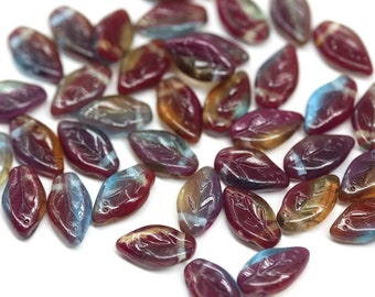 10x6mm Dark red leaf beads small Czech glass pressed leaves mixed color top drilled 40Pc - 3673