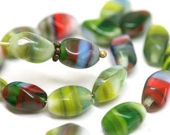 Green czech glass beads, Mixed Green Red oval beads, 11x7mm twist barrels 20Pc - 2830