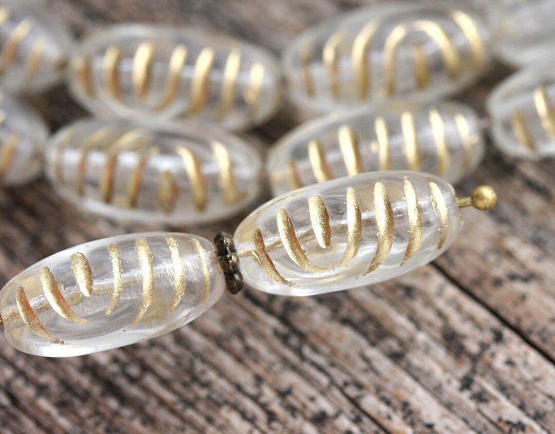 17x8mm Crystal Clear and Golden Ornament Oval Beads, Olive Shaped Long