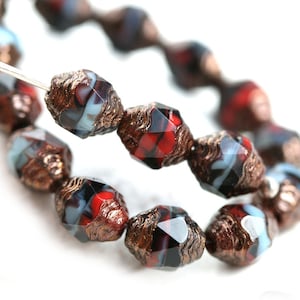 8x6mm Cathedral czech glass beads Luxury black red blue golden ends fire polished barrel beads 15pc 2777 image 1