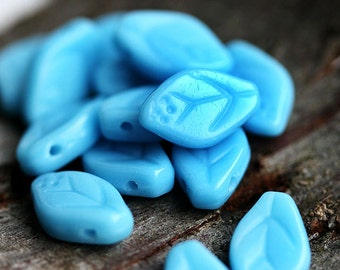 Opaque Blue leaf beads Blue glass leaves Czech glass pressed beads - 12x7mm - 25Pc - 0931