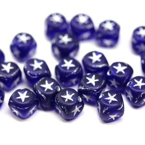 7mm Dark blue cube beads gold silver stars ornament czech glass cubes 20pc Matte blue/silver