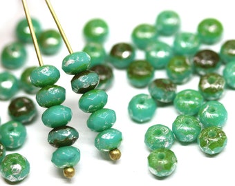 3x5mm Turquoise green rondelle beads mix silver wash czech glass fire polished spacers 50pc - 5263